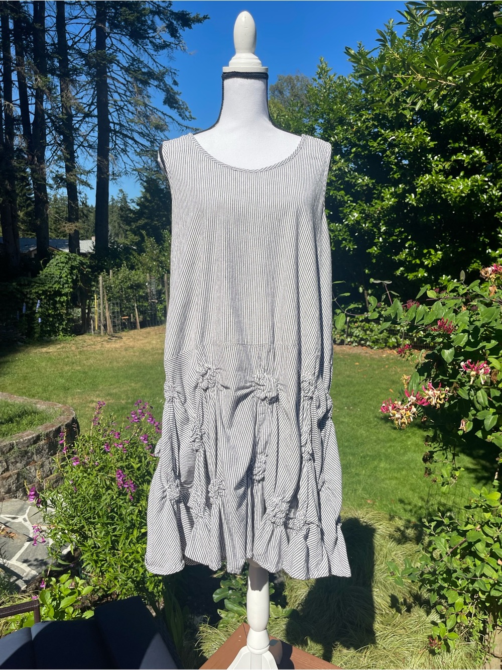 Tulip Cotton Dress Grey and White Striped , Sleeveless SIZE S fits up to Large